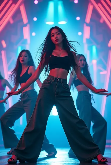 A girl K-pop group JUNA, consisting of 5 members with Korean features and long hair, energetically performs on stage in trendy wide dark green jeans and black tops.