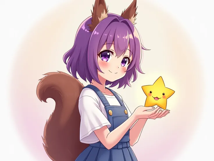  one woman、 semi-long、Purple Hair、 purple eyes、smile、brown squirrel ears 、 brown squirrel tail、 overalls skirt 、 turn around、 Japanese 、Chat、Holding a star in your hand、 icon style,  gentle colors, 