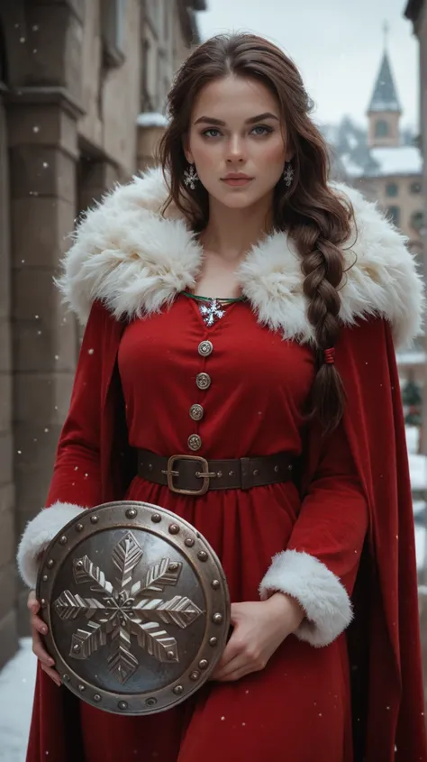 "A brunette Viking woman ,  wearing a red velvet cape with a white fur hood ,  stylized as a Christmas outfit .  She carries a shield decorated with snowflake patterns as it gently snows around her."