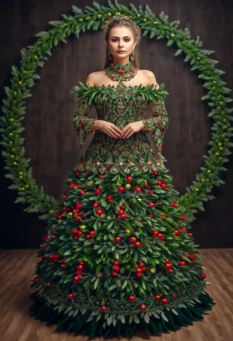 Beautiful Slavic woman in a dress resembling a Christmas tree, (choker made of Christmas wreaths:1.3), (full body:1.3), Masterpiece, best quality, intricate detailed, 8K