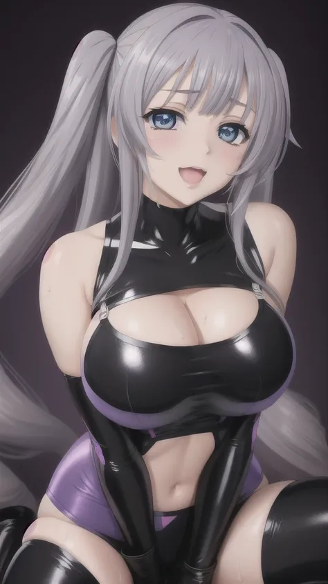   erotic 、Mylene、silver curly hair long twin tail drill、Light blue eyes、Big Breasts, Alone、black latex rubber suit　 sleeveless, Purple Wicked Background 、  top quality,  detailed face ,  detailed eyes on board,  high definition ,Smirking face、Looking up、 d...