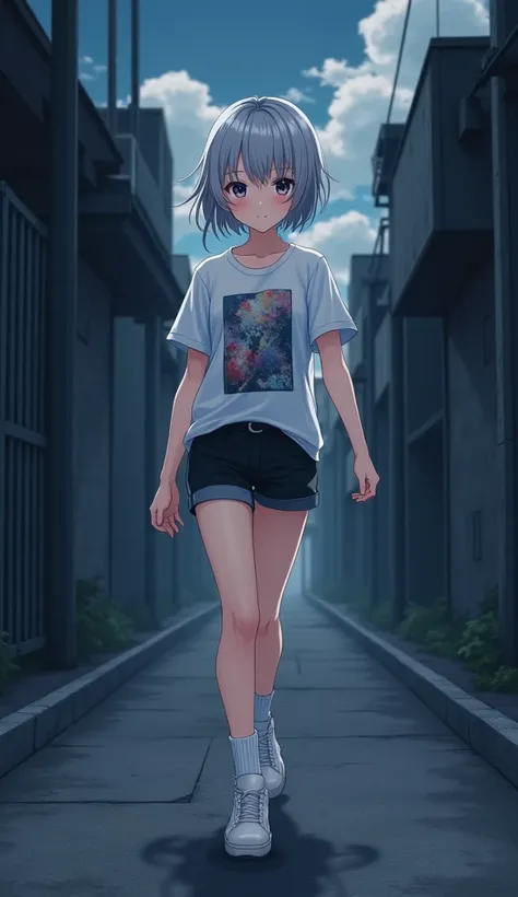 masterpiece,  top quality,  high definition ,  very detailed ,((( pretty girl with gray hair who has decided to pose))), ((( Japanese anime ))), ((( short hair))), ((( white printed t-shirt ))), (((Black shorts))), (((White socks))), ((( white sneakers))),...