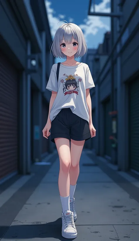 masterpiece,  top quality,  high definition ,  very detailed ,((( pretty girl with gray hair who has decided to pose))), ((( Japanese anime ))), ((( short hair))), ((( white printed t-shirt ))), (((Black shorts))), (((White socks))), ((( white sneakers))),...