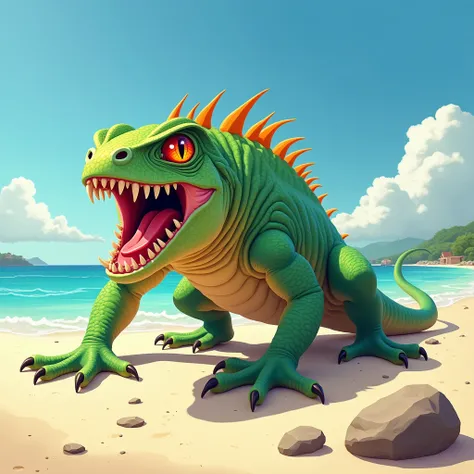 A highly detailed, realistic digital illustration of a fierce, otherworldly lizard on a sunny beach. The lizard has vivid green and yellow scales, sharp fangs, and a wide-open mouth, displaying its menacing teeth. Its eyes glow with an intense red light, g...