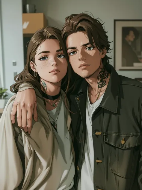 A moody and stylish portrait of a young couple standing close together in a softly lit indoor space. The woman has shoulder-length brown hair, subtle freckles, and wears hoop earrings, a light beige oversized jacket, and layered necklaces, exuding an effor...