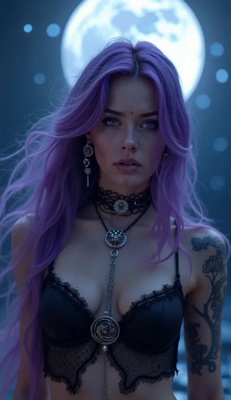 A captivating scene featuring a young woman with long, flowing purple hair standing under a luminous full moon. Her striking purple eyes gaze directly at the viewer, creating an engaging connection. She is adorned with intricate jewelry, including a delica...