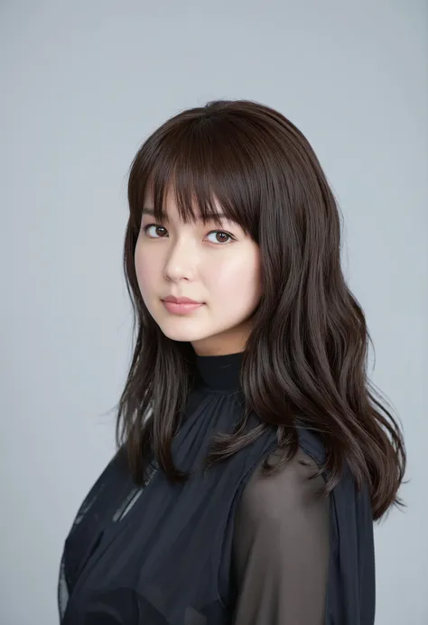 young Japanese woman、 Tabe Mikako、black hair、 ear piercing、 big smile when looking back、 beautiful alignment of teeth、 black down jacket、Gray background