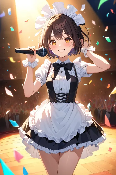 1 girl, (cute face), 19 years old, short hair, (smiling), (blush), small breasts, slim, (wearing a stylish maid costume), above knee length, (smooth skin), BREAK  
concert venue, cheering crowd, (holding microphone:1.2), (performing on stage:1.2), colorful...