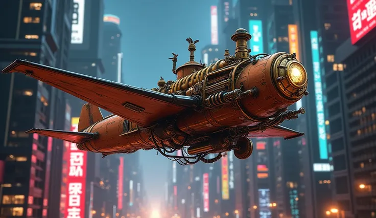  steampunk,  An ornate retro-futuristic-style steam flying machine glides through the neon-lit streets of a futuristic metropolis. In the background, stately skyscrapers rise ominously against the night sky .