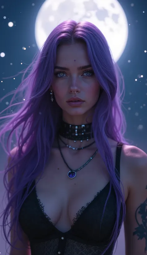 A captivating scene featuring a young woman with long, flowing purple hair standing under a luminous full moon. Her striking purple eyes gaze directly at the viewer, creating an engaging connection. She is adorned with intricate jewelry, including a delica...