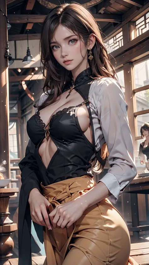 ( top quality, 8k, masterpiece :1.3), Lovely young man with perfect figure and long hair :1.4, Zhongli, Zhongli,  Dark Brown Hair, Swollen breasts,  Genshin Impact, On the Ruins, In the hands of a gun,  very detailed face and skin ,  detail eyes,  double e...