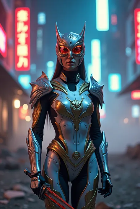 **((CREATE AN IMAGE ABOUT A CHARACTER WALKING IN A DESTROYED CITY))**

Create a female Power Ranger inspired by an owl, showcasing a futuristic female combat suit with a detailed and elegant design. The female costume combines shades of gray,  white and br...