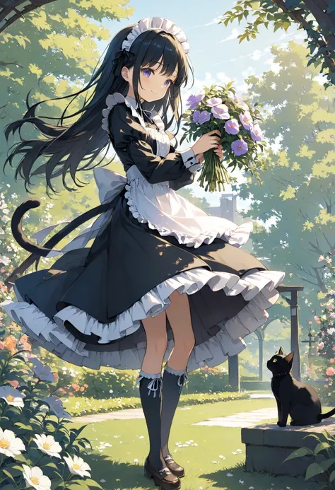 masterpiece, high quality, high resolution, 16k, illustration by Makoto Shinkai, exquisite background, petite girl, black hair, long hair, gothic lolita, maid outfit, fair skin, long eyelashes, beautiful eyes, over-kneehighs, black cat, full body, smiling,...