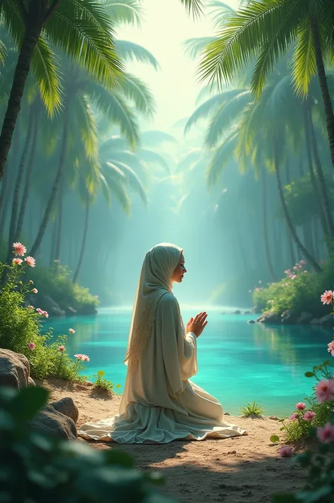 A Muslim women praying in the paradise 