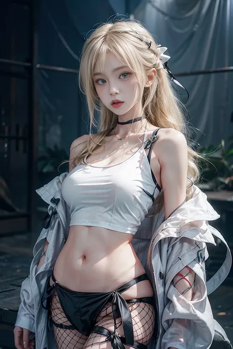  Japanese、Model、Big Breasts、Blonde、 long hair、 fishnet white t-shirt、ribbon、 shows shoulders、 cleavage visible、 belly button visible 、 spotlights