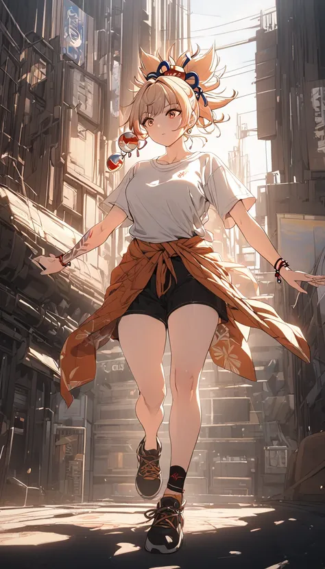 a woman wearing a flannel shirt tied around her waist, a t-shirt, and shorts, detailed face, beautiful detailed, golden hour lighting, vibrant colors, cinematic composition,  8k, best quality, masterpiece,  large breasts, , full body, anime cover, girl, so...