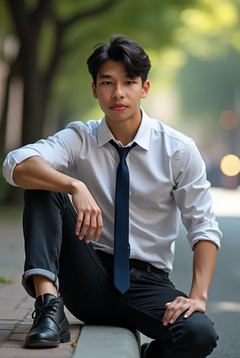 ชายเกาหลี student with only a white shirt, Navy blue tie and backpack posing wearing a black watch, sitting on the edge of the sidewalk under the tree, staring at the front camera, black jeans, knee-length black jeans, striking cool bokeh background , (((B...