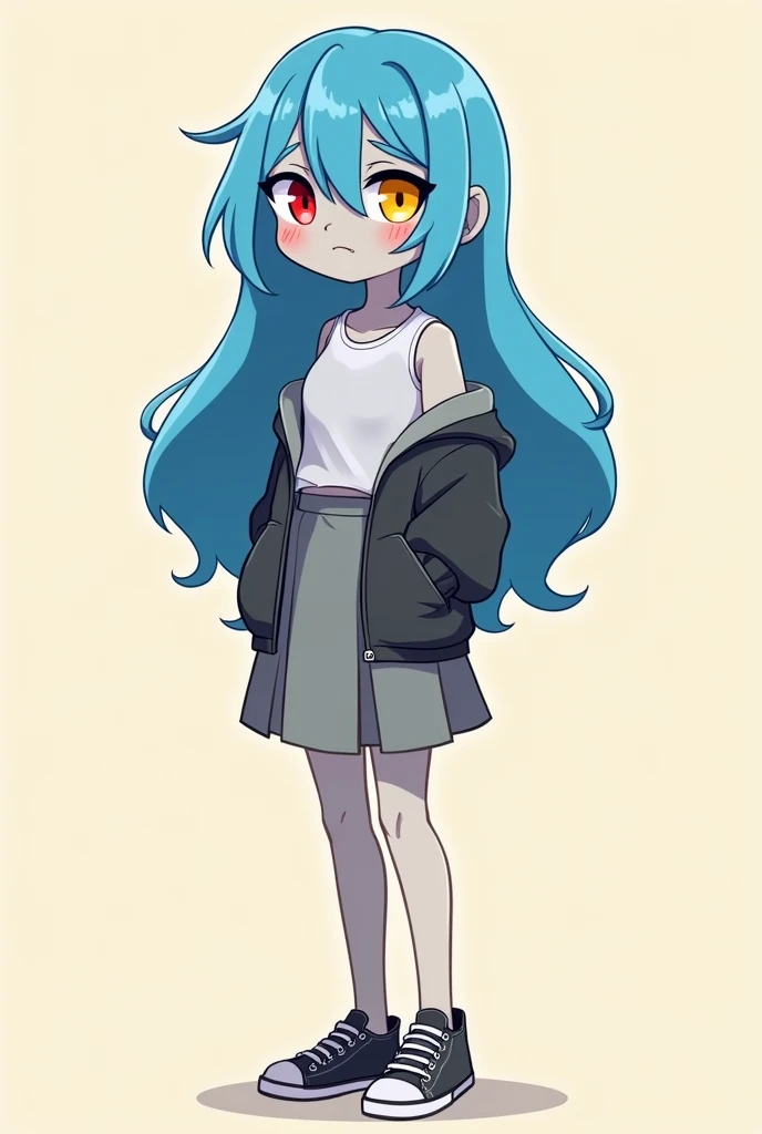 Create an imageI need you to create an image for me that is one with long blue hair she has to have a yellow eye and the other red I also need her to have a white t-shirt with a gray tank top and a gray blouse she has to have a skirt also a plain skirt and...