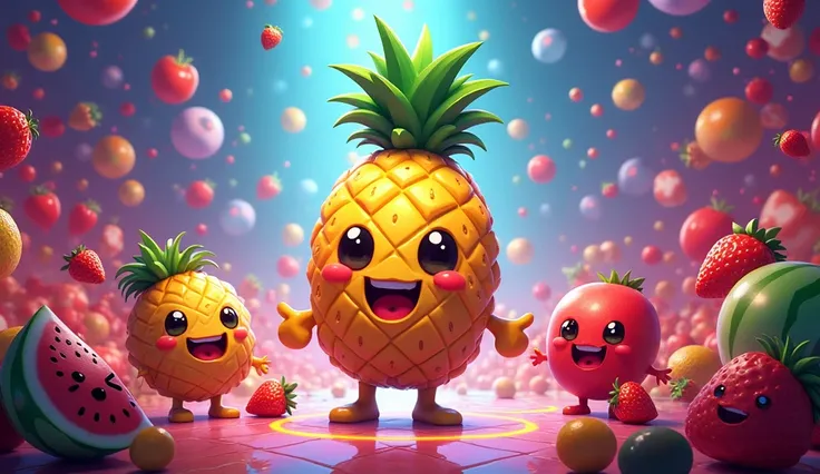  It is a colorful and vivid graphic image with anthropomorphic fruits and musical elements. in the middle, there is a large pineapple with facial features,  surrounded by smaller characters such as strawberries , watermelon,  and other fruits that also hav...