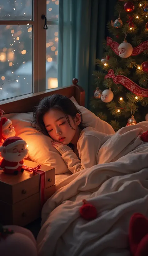 (masterpiece:1.3, best quality:1.3, 8k,  highres icon:1.3, good anatomy,  high definition), (ren,  is sleeping), Big socks at the bedside ,  large gift box that sticks to the wall, break (Father:1.3, Santa outfit, Place a present) break rens room, Warmth, ...