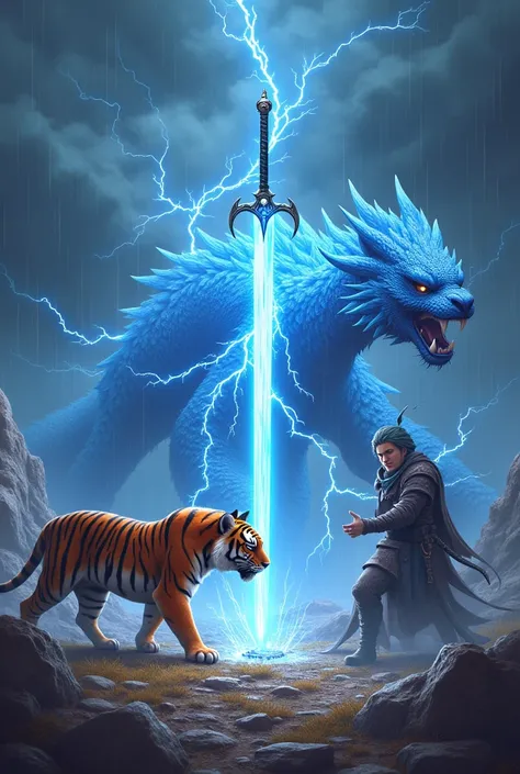 create 32k ultra-realistic image of a scene with a tiger, a howling lightning dragon, and the Master Sword as distinct entities. The tiger crouches with feline ferocity, its glowing striped fur reflecting the storm’s chaotic energy. Nearby, the howling lig...