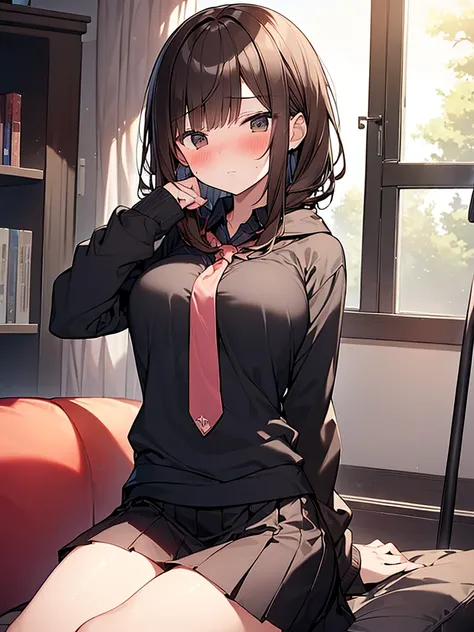 (Masterpiece, Top quality: 1.5), nsfw:1.2, (1 girl, solo :1.2), sitting on sofa, crossed legs:1.3, (large breasts:1.2), (short height), (hoodie, long sleeve shirt, black pleated skirt, tie:1.2), standard weight, (brown hair:1.3), medium Hair, wavy Hair, as...