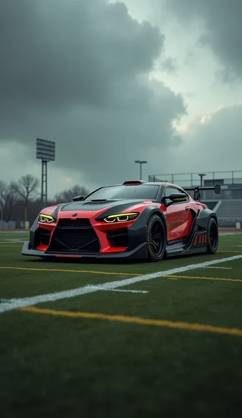 Create an image of a modern war car equipped with weapons, featuring a striking combination of red, black, and yellow colors. The car should have a cool, stern, scary, and fierce appearance. The car is standing in the middle of an empty football field with...