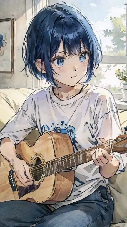 Oversized T-shirt、stand lighting、Colored pencil style、blue bob hair、play the guitar、sofa、kitten、Night Sky、star、Room with a window、High precision、detailed、８K