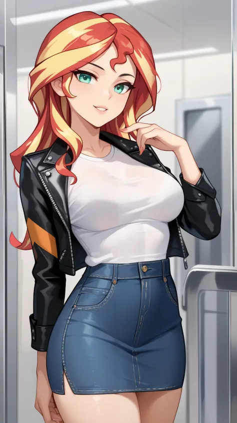 Sunset shimmer inside an elevator, seductive look, tight shirt, leather jacket, denim skirt, sexy, enclosed