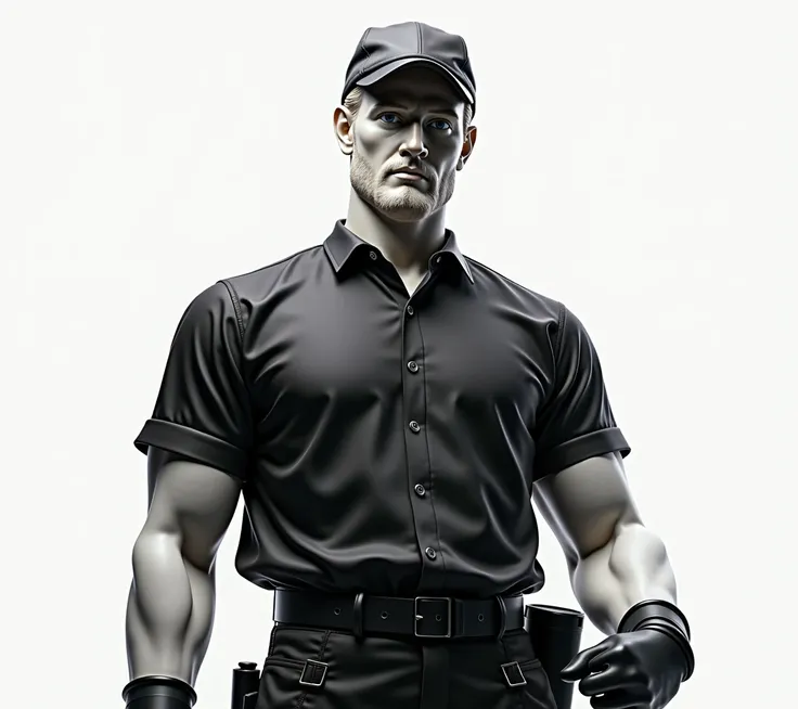 A classical male Greek statue of an imposing appearance,  with a sculpted marble body ,  wearing a black blouse ,  black rubber gloves and a black cap . The statue looks modern ,  as if it were an employee of a printing company .  the background is totally...