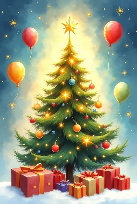  Warm Christmas tree with a Christmas tree, stars and balloons . stylishly, A Sense of Celebration. Painted in watercolor