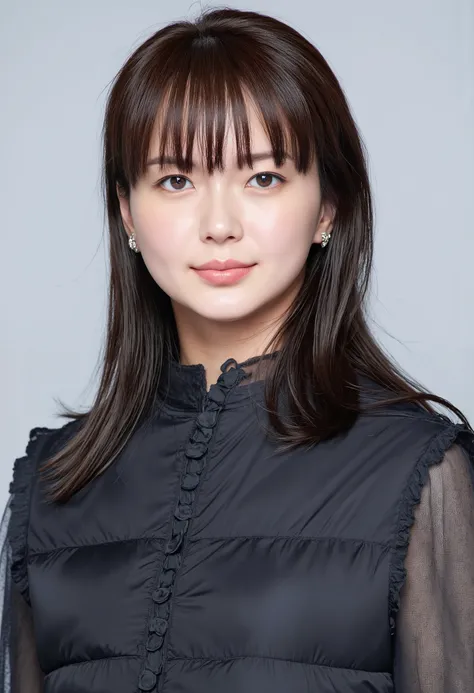 young Japanese woman、 Tabe Mikako、black hair、 ear piercing、 big smile 、 beautiful alignment of teeth、 black down jacket、Gray background

