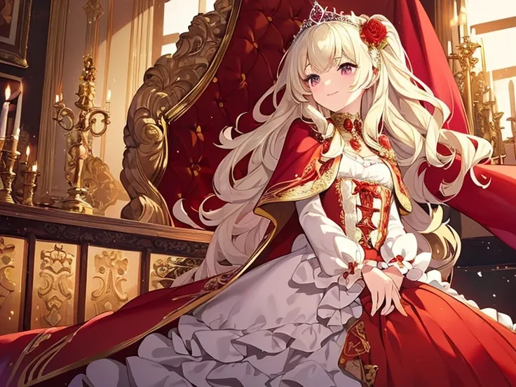 (solo), kawaii, masterpiece, best quality, rococo style gown, (long train red cape:1.15), (long train white ball gown:1.1), (long train skirt:1.1), gown with flower decorations, a princess is wearing a long cape over her gown, 1 little princess, tiara, smi...