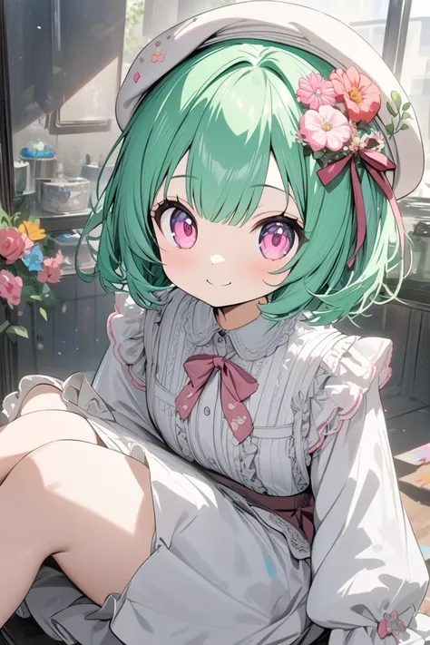 masterpiece, best quality, ultra detailed, a girl, smiling, sitting, looking at viewer, short hair, green hair, pink eyes, beret,flower on head,ribbon on beret,long sleeves, blouse, skirt, with a paint brush, inside, cute, kawaii, anime