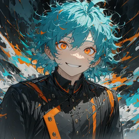 1 boy, turquoise hair, orange eyes, black clothes, handsome, wearing uniform, orange eyeliner, smiling, detailed, young boy, ahoge, messy hair, very messy hair, short hair, (best quality,4k,8k,highres,masterpiece:1.2)