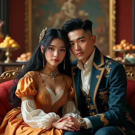 toon CGI image, a princess black hair with a prince short undercut black hair, fantasy jacket clothes long trousers clothes, fantasy, masterpiece, vibrant, portrait, they both sit down in couch of the king of the kingdom with foods, life-like realistic, re...