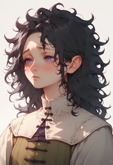 Anime Girl， black hair， messy hair， dark circles， purple eyes，Half open eyes ， medieval clothes， upper body，shy， blush