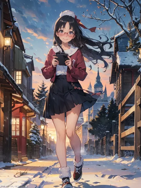 Anime - Illustration of a woman in high school clothes, winter outfit:1.5, anime character, official character art, neat and serious, full body, female anime girl, Posing:1.5, dark long hair, parted bangs, glasses, (Tanned:1.0), Looking at camera, (Embarra...