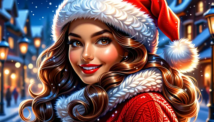 Best quality, realistic acrylic illustration in high definition, brazilian woman in vintage dressed style, long hair, beautiful face, red lips, looking to observer, wearing red and white santa claus jacket, blue shoulderless sparkling fitted sweater, ((bro...