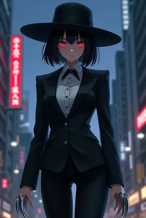 Whole body expression、woman、18 years old、 Black Hair Bob Cut 、 with bangs aligned above the eyebrows、 Japanese、 pretty girl、 red eyes、It is equipped with metal claws like a rake on the back of the hand、 wearing a tuxedo with her shoulders sticking out、 wea...