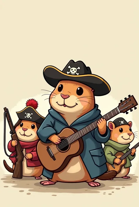 
 cartoon hamsters with different costumes and hats playing instruments,  pirate capybara , hamsters,  hamsters holding rifles , cute art, capybaras in tokyo,  funny illustration ,  anthropomorphic beaver , hd illustration, cartoon concept art, official il...