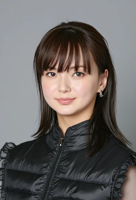 young Japanese woman、 tabe mikako、black hair、 ear piercing、 smile 、 smile showing teeth 、 beautiful alignment of teeth、 black down jacket、Gray background