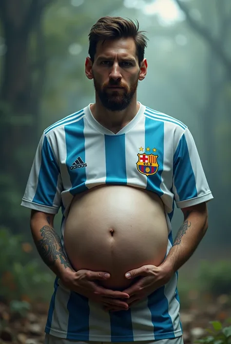 Messi pregnant with his hands in his belly