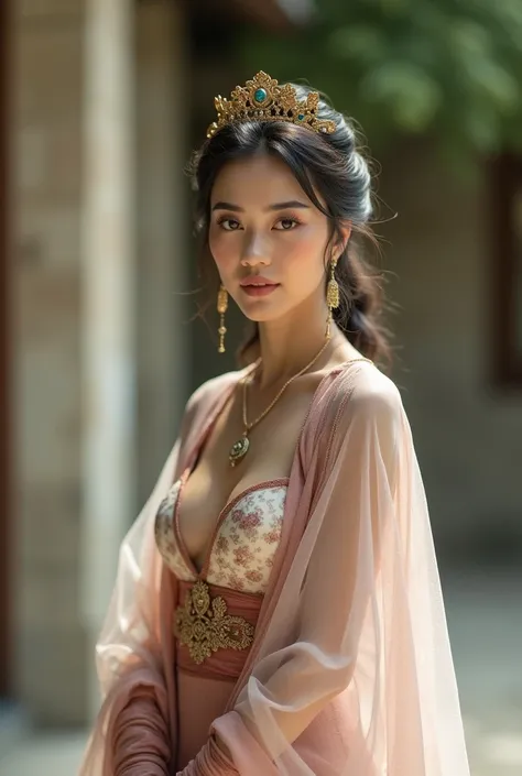 brazilian indonesian chinese japan european french middle-east look. royal concubine wearing traditional transparent cape. topless. small-breasted. small bust. tiny bust. full body shot. full body view. afternoon