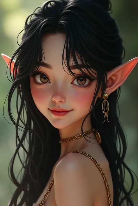 1female elf, looking at viewer, smile, upper body, black hair, big eyebrows, long nose, petite body, score_9, score_8_up, score_7_up