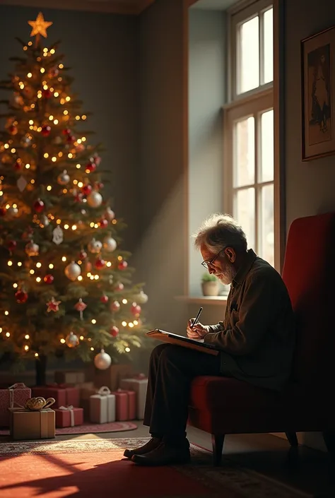 A quiet  sitting in the corner of a cozy room beside a decorated Christmas tree, writing a letter