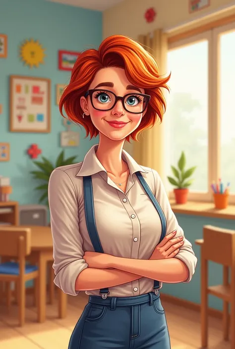 drawing of a preschool teacher with red hair and glasses