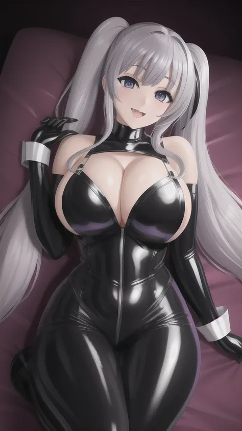   erotic 、silver curly hair long twin tail 、Big Breasts, Alone, black and white latex rubber suit、 cleavage, Purple Wicked Background 、  top quality,  detailed face ,  detailed eyes on board,  high definition ,、Glare、smile、anxiety、 dye your cheeks red、 sex...