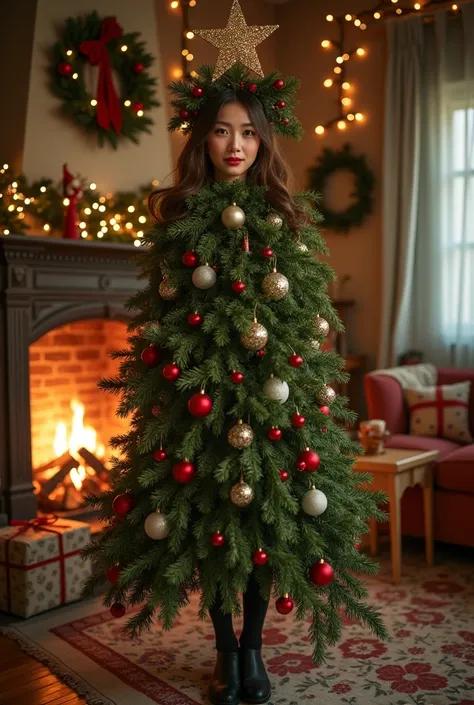 (RAW photo, real photo, high quality, masterpiece), (( woman disguise herself as real Christmas tree, Christmas tree decoration on her body, Christmas tree branches and leaf on her body, stand up and can not move ), in the warm house, big oven with fire wo...