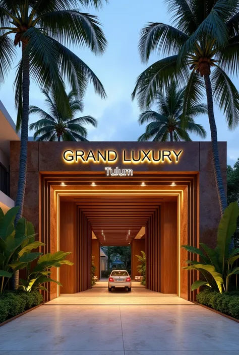  Visualize the main entrance of a building luxury in Tulum ,  designed as an exclusive boutique hotel .  The entrance must be majestic and sophisticated ,  with a large area for guests to comfortably get out of their vehicles .  An elegant canopy ,  made o...